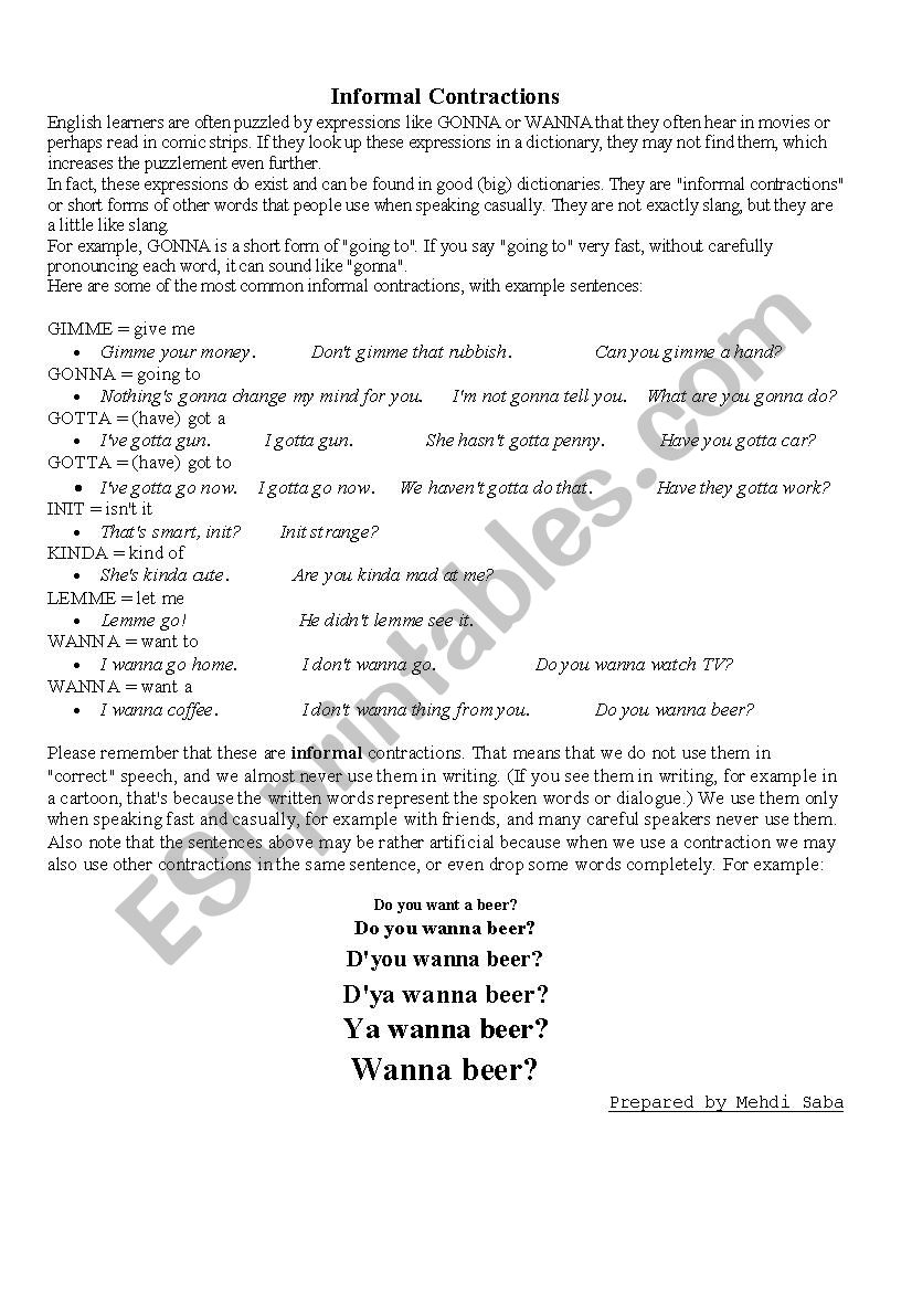 Informal Contractions worksheet