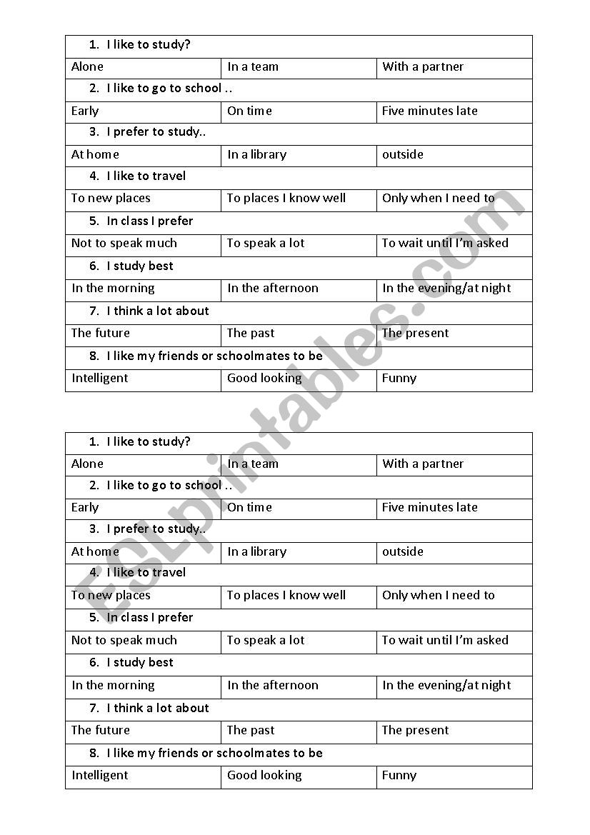 student questionnaire - speaking exercise