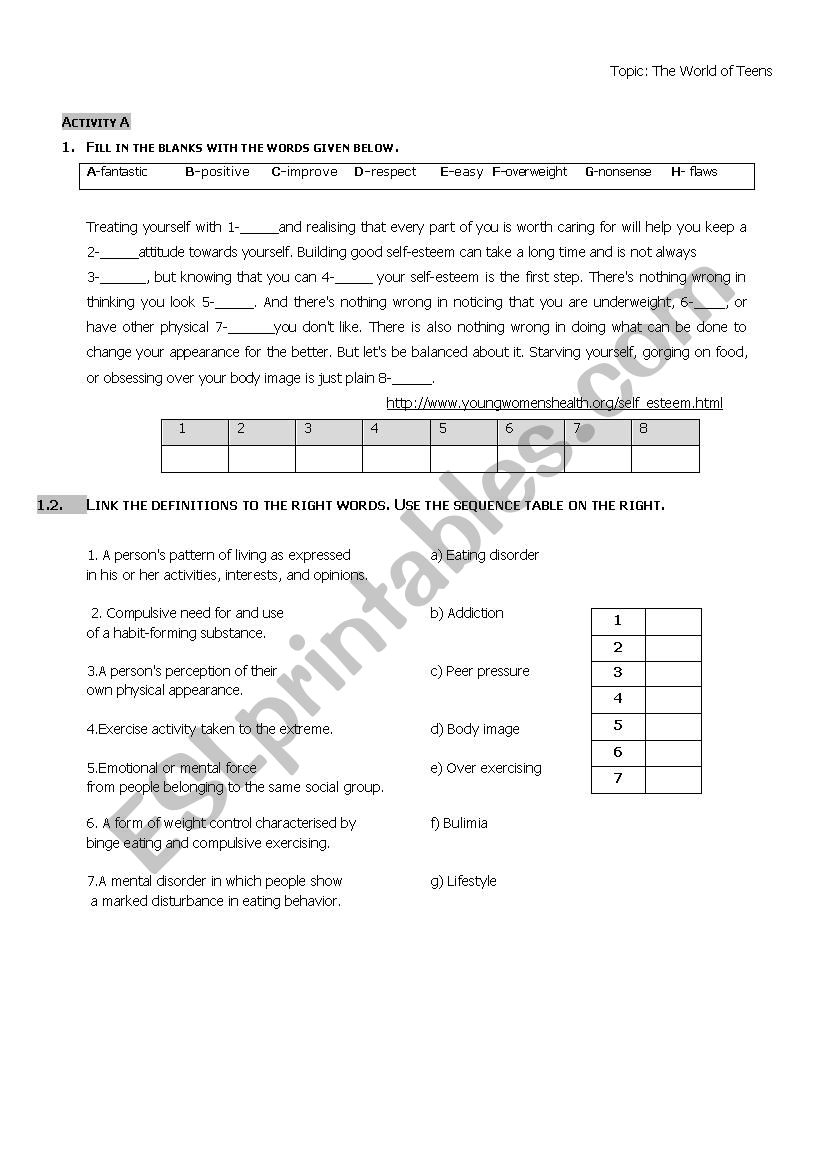 Teens and body image worksheet