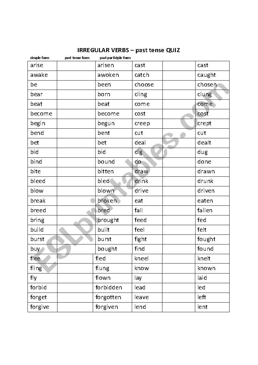 Basic irregular past tense verbs quiz