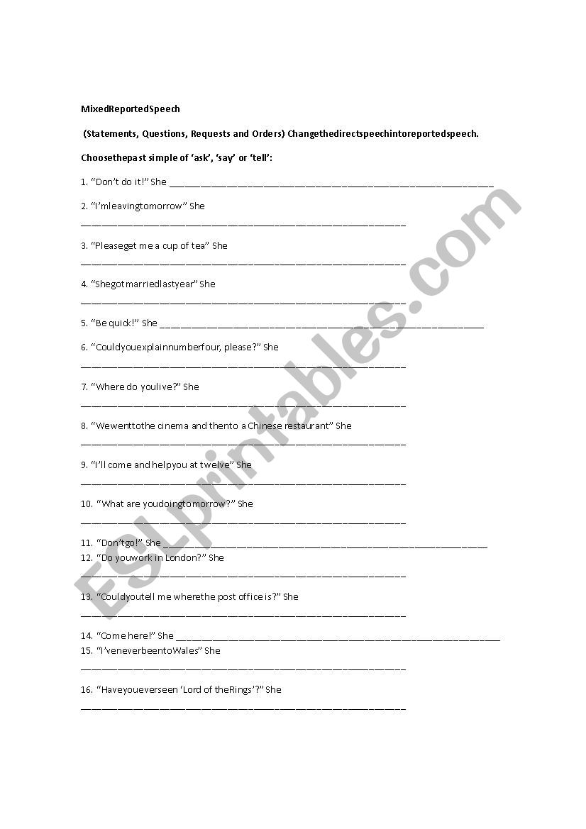 reported speech worksheet