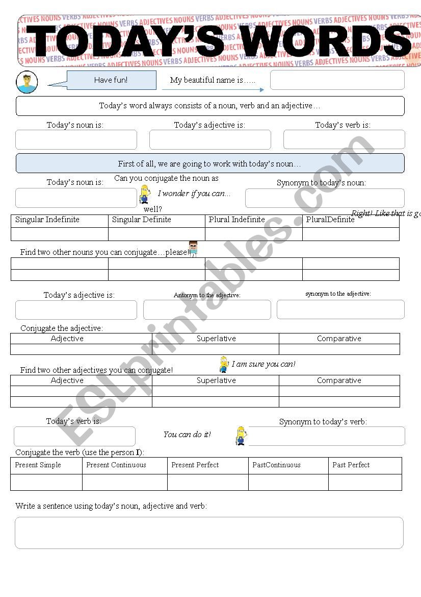 Todays words worksheet