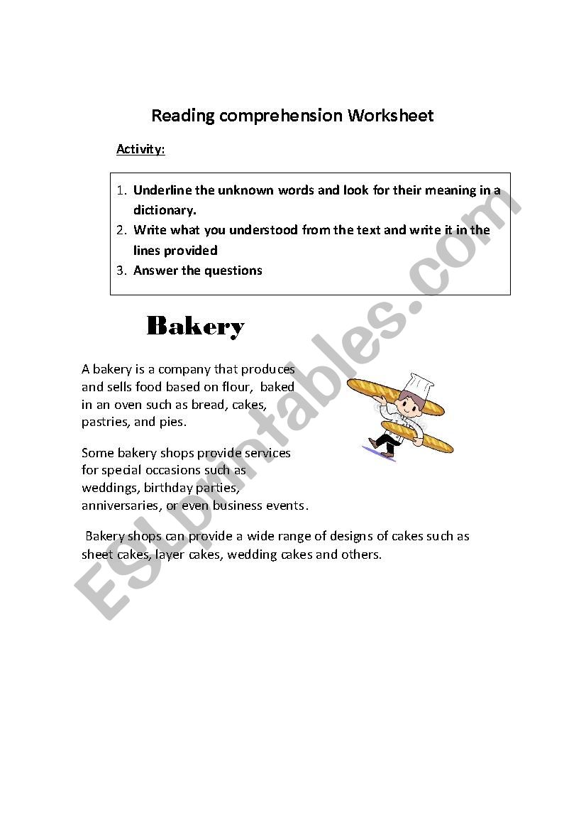 Bakery reading comprehension worksheet