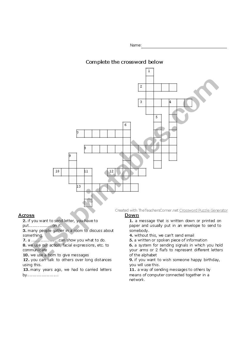 Communication crossword worksheet