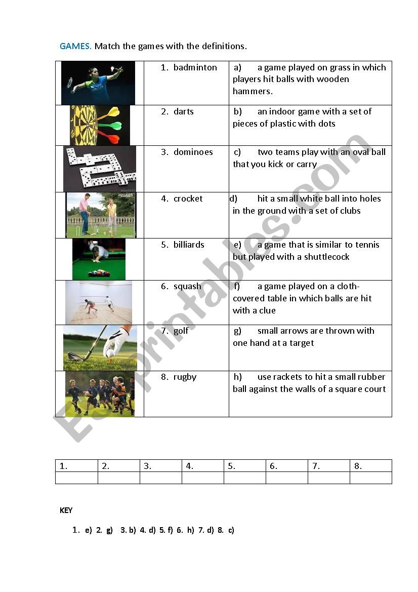 GAMES (matching exercise) worksheet