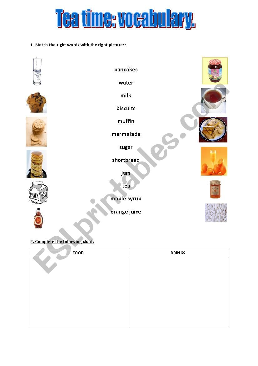 Tea time vocabulary worksheet