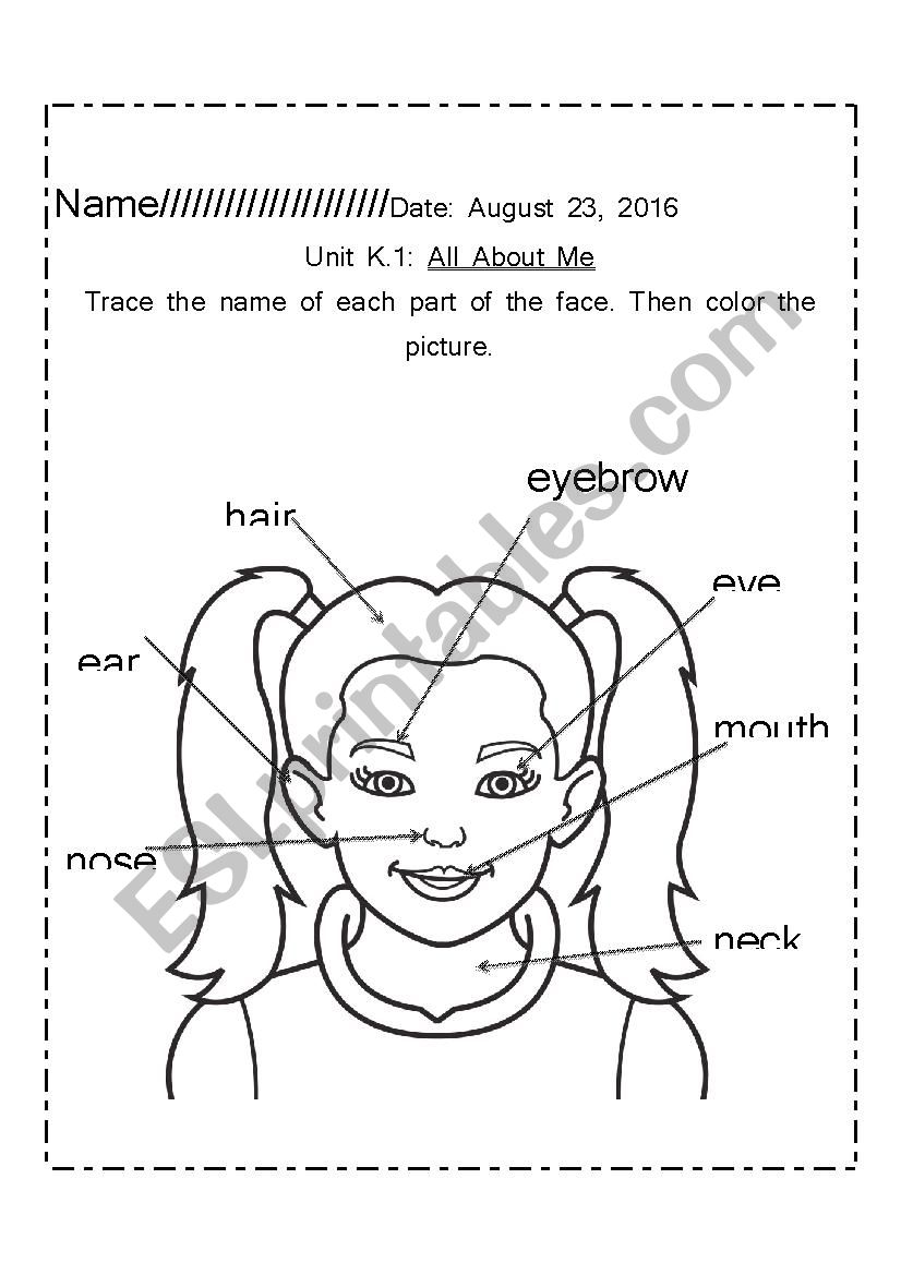 Parts of the face diagram  worksheet