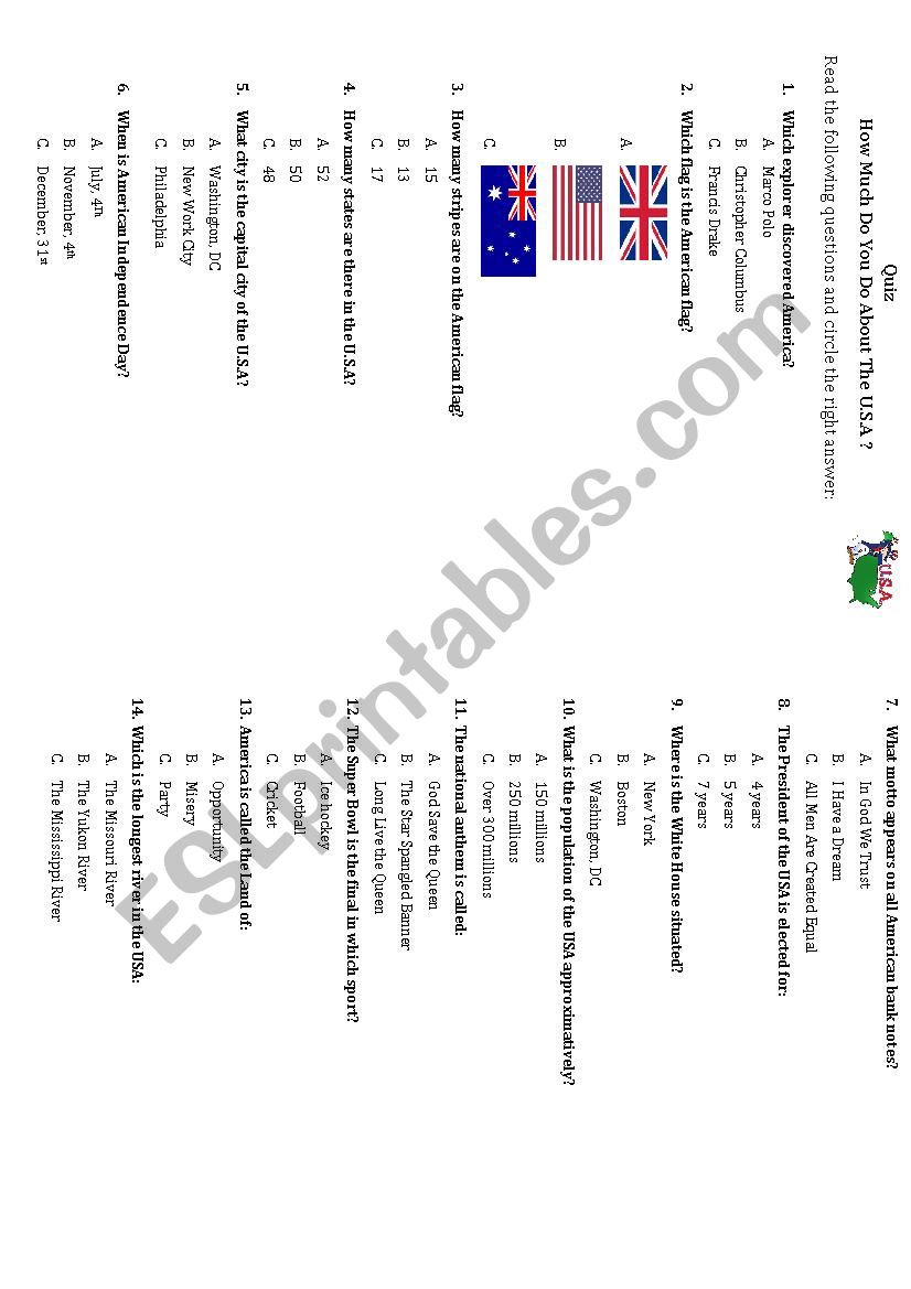  USA - Quiz  worksheet