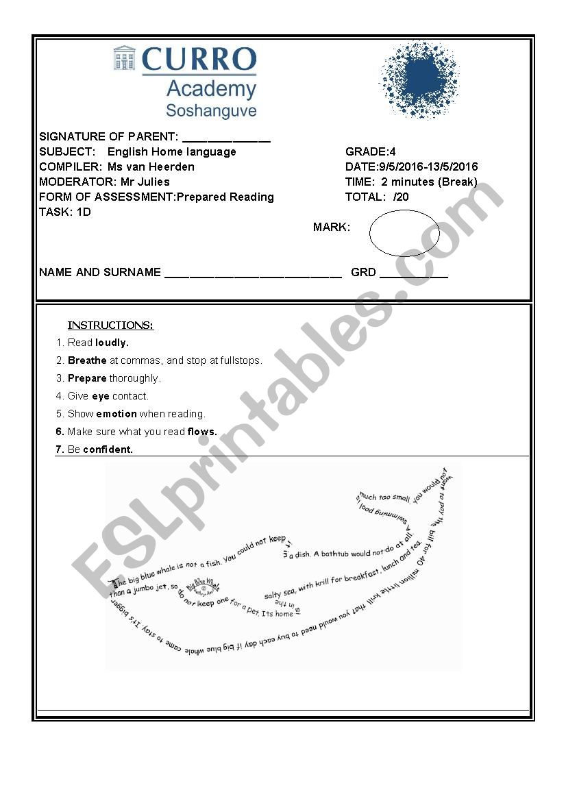 Grade 4 prepared reading oral worksheet