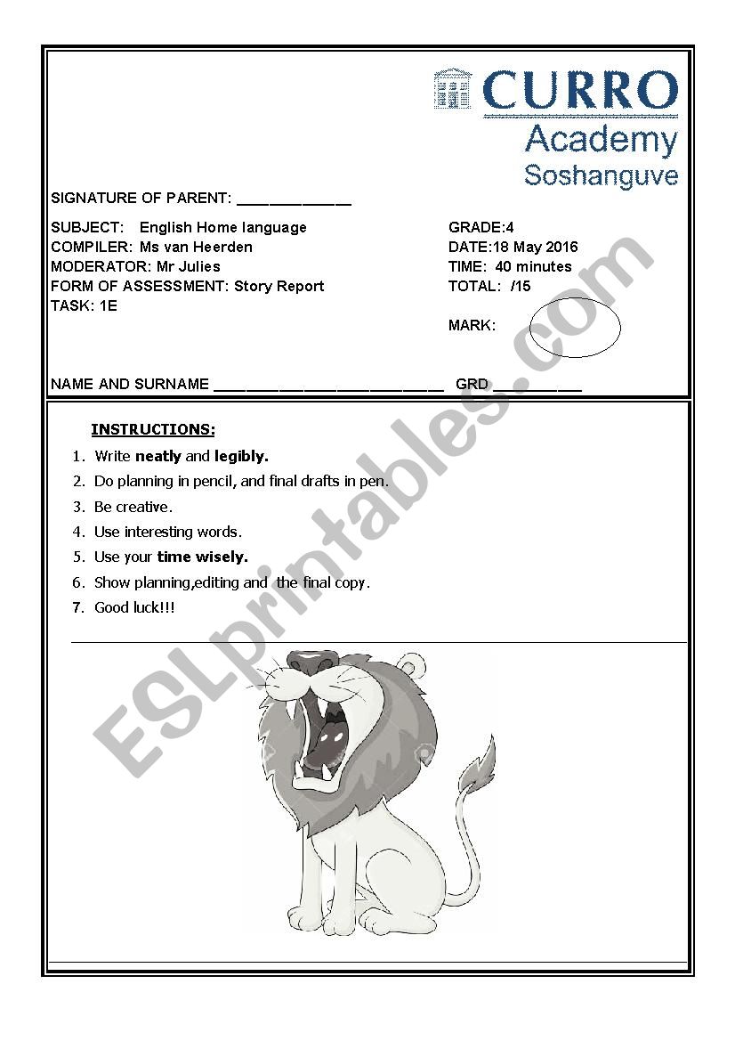 Grade 4 Story Report worksheet