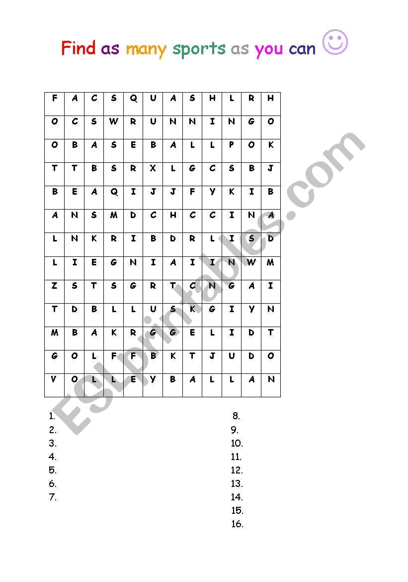 Word search - sports worksheet