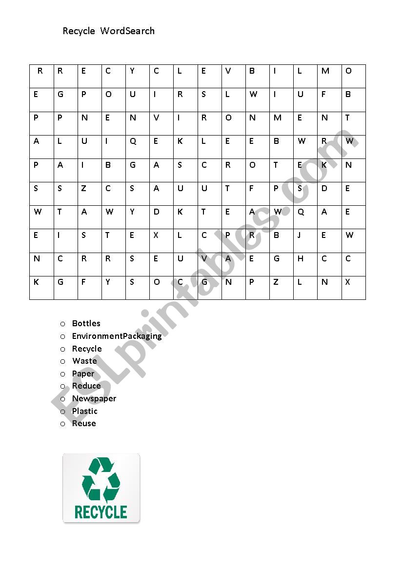 recycle word search worksheet