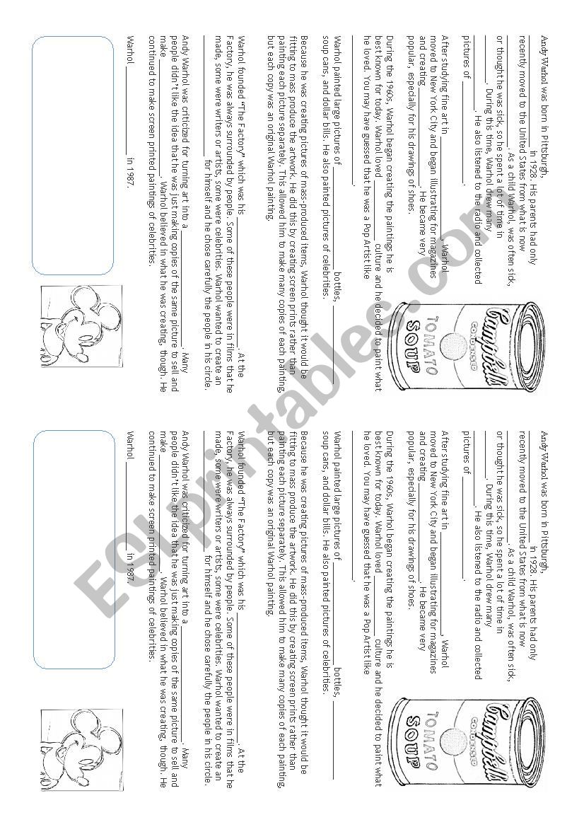 Andy Warhol Pop Art worksheet