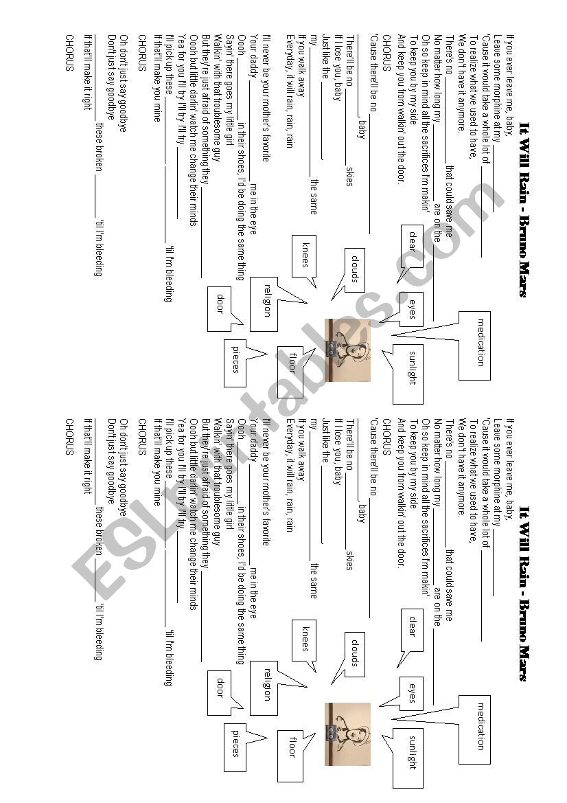 It will rain by Bruno Mars worksheet