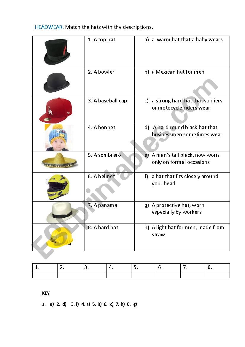 HEADWEAR (matching exercise) worksheet