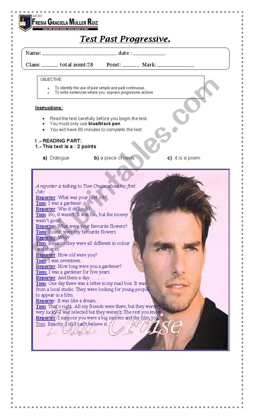 test past progresive worksheet