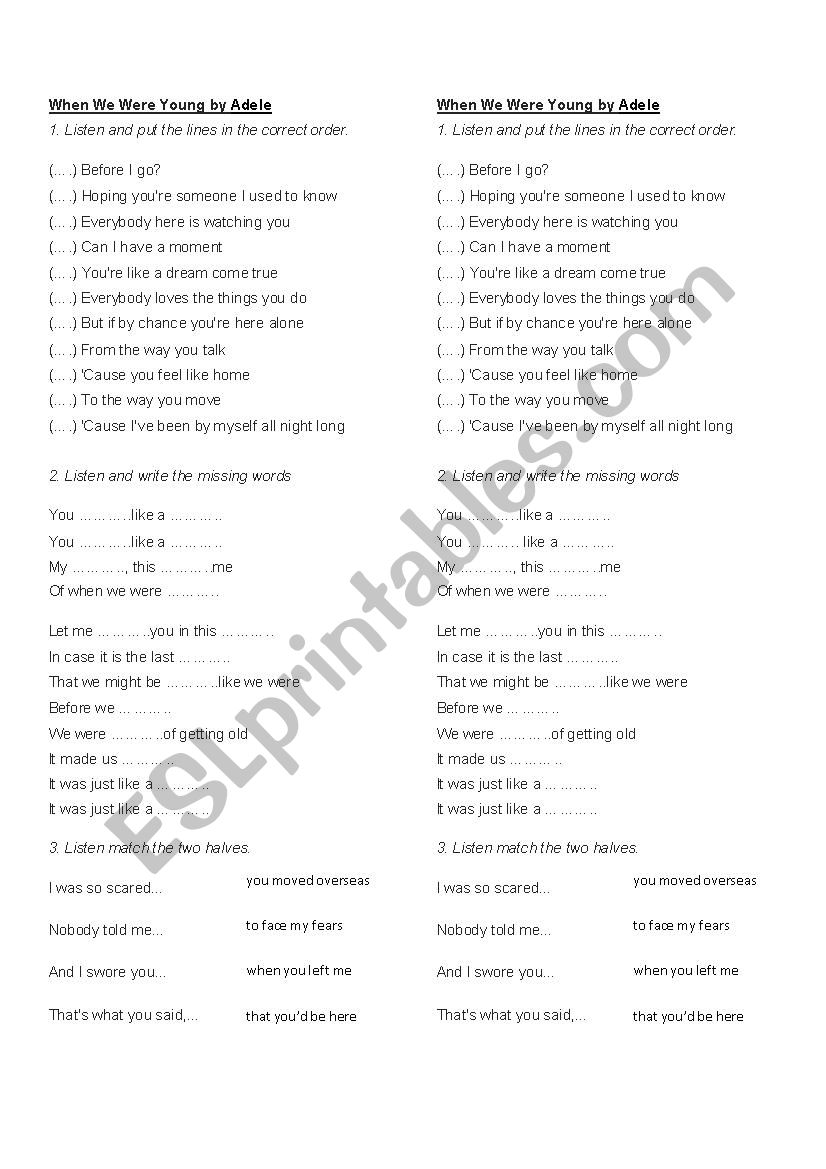 When we were young by Adele worksheet