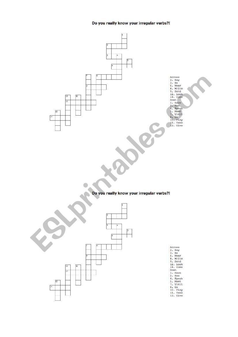 Crossword on irregular verbs worksheet