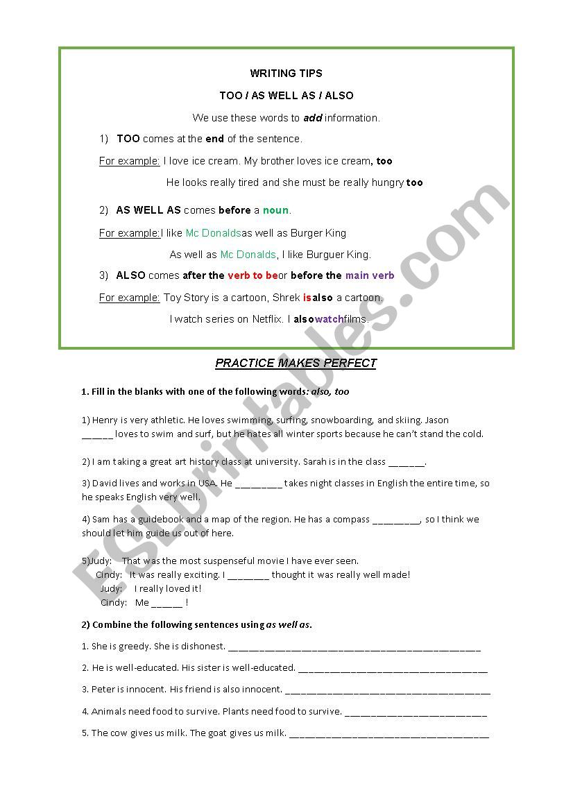 As well as, too, also worksheet