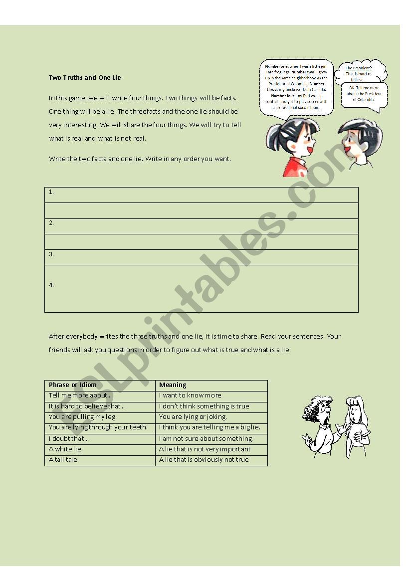 Three Truths and One Lie worksheet