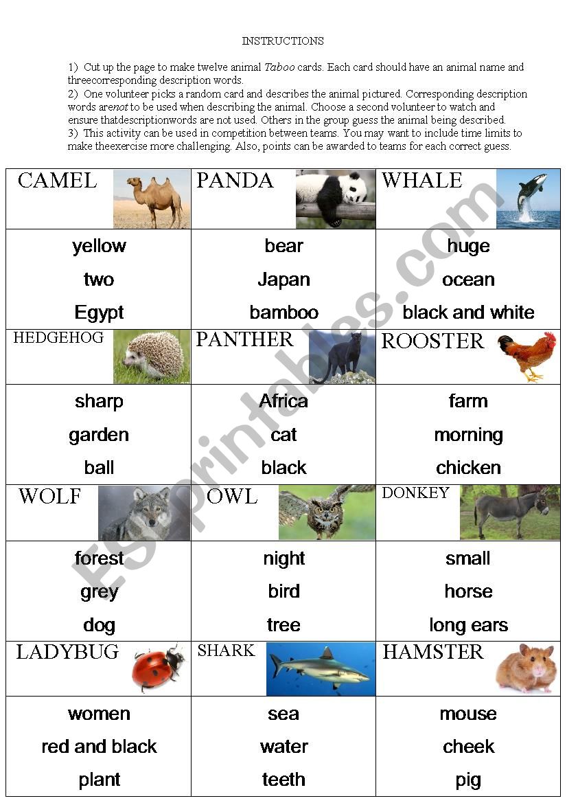 animal Taboo game worksheet