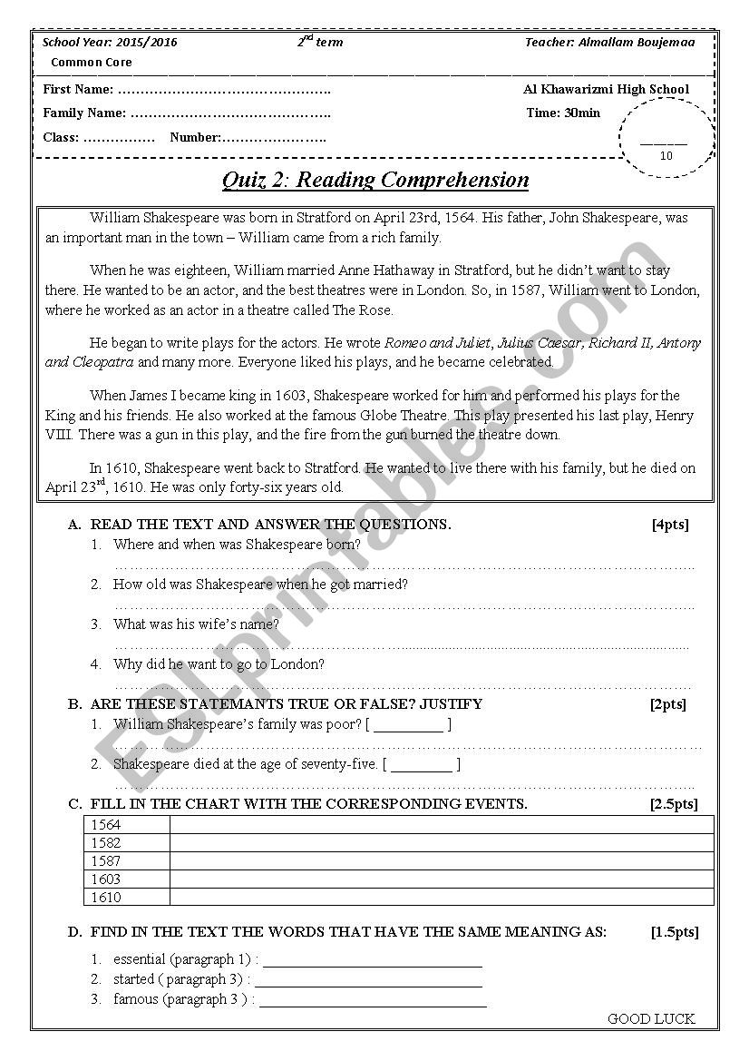 Reading comprehension quiz:  worksheet