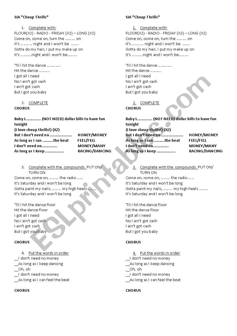 Sia -  Cheap Thrills worksheet