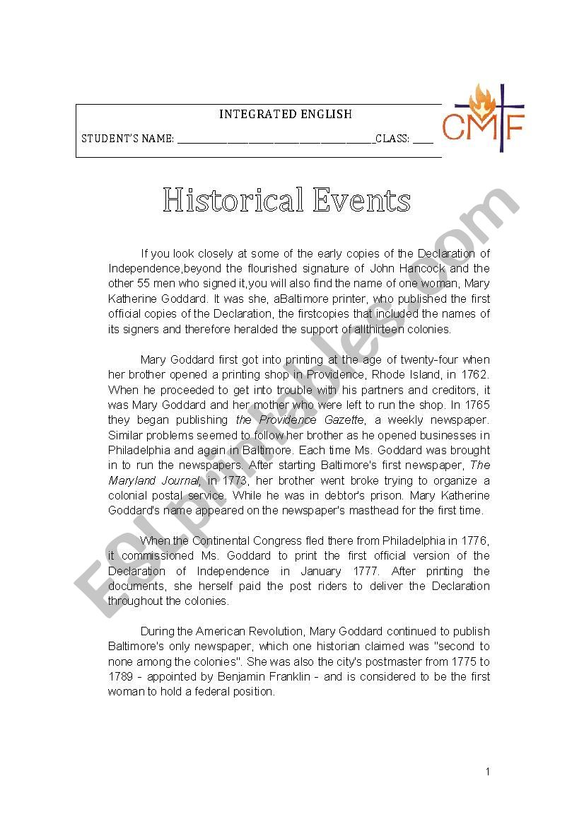 Historical Events worksheet