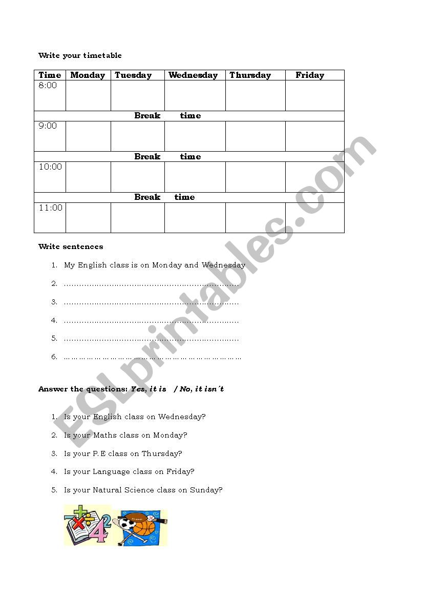 Timetable worksheet