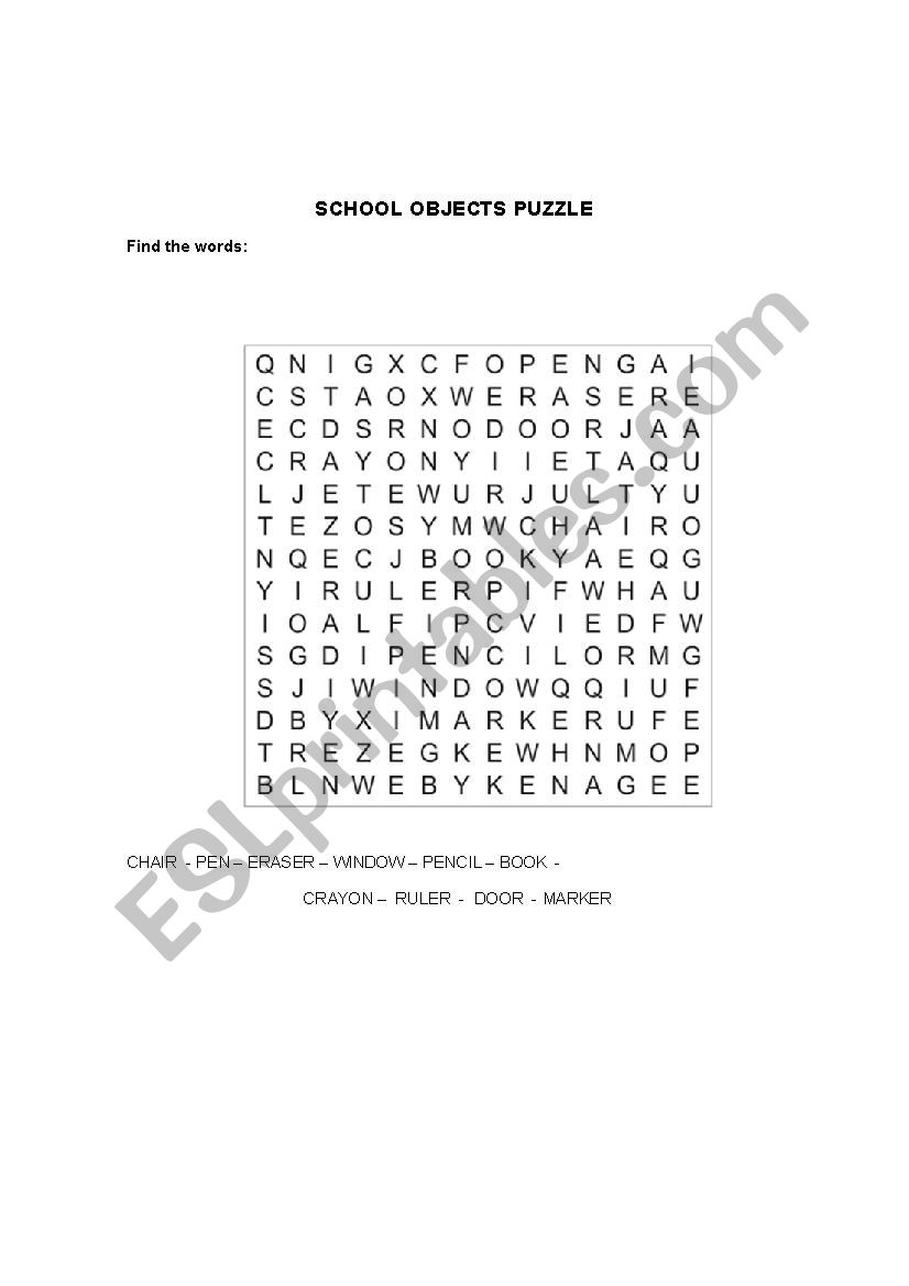 School Objects puzzle worksheet