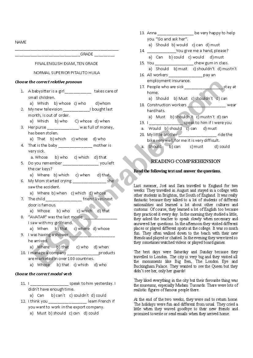 relative pronouns and modal verbs exam