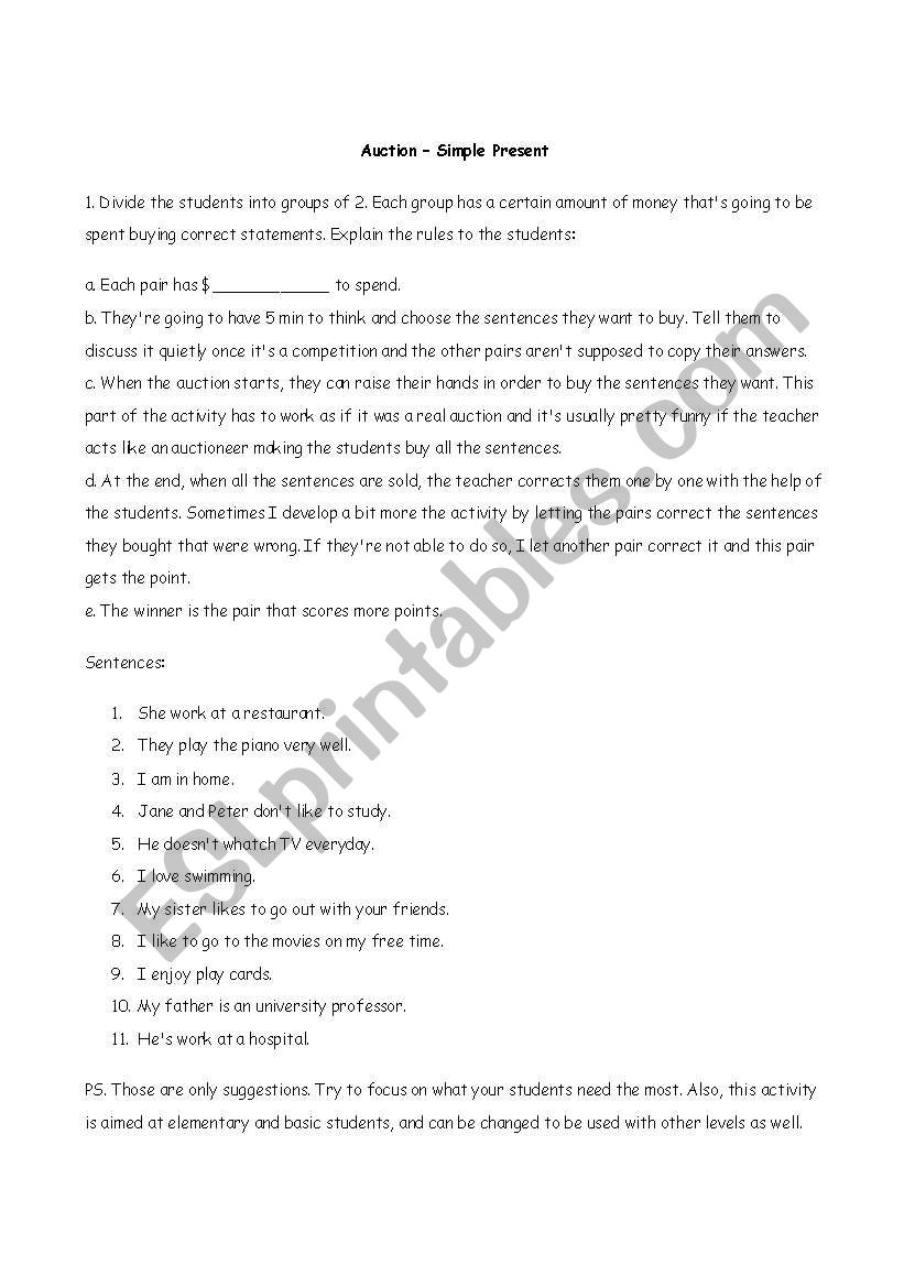 Auction worksheet