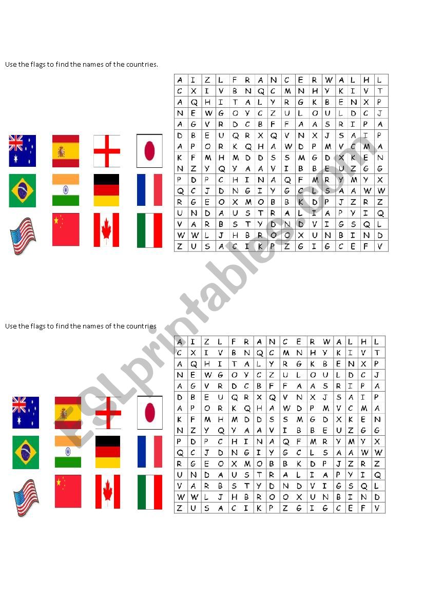 Flags & Countries wordsearch worksheet