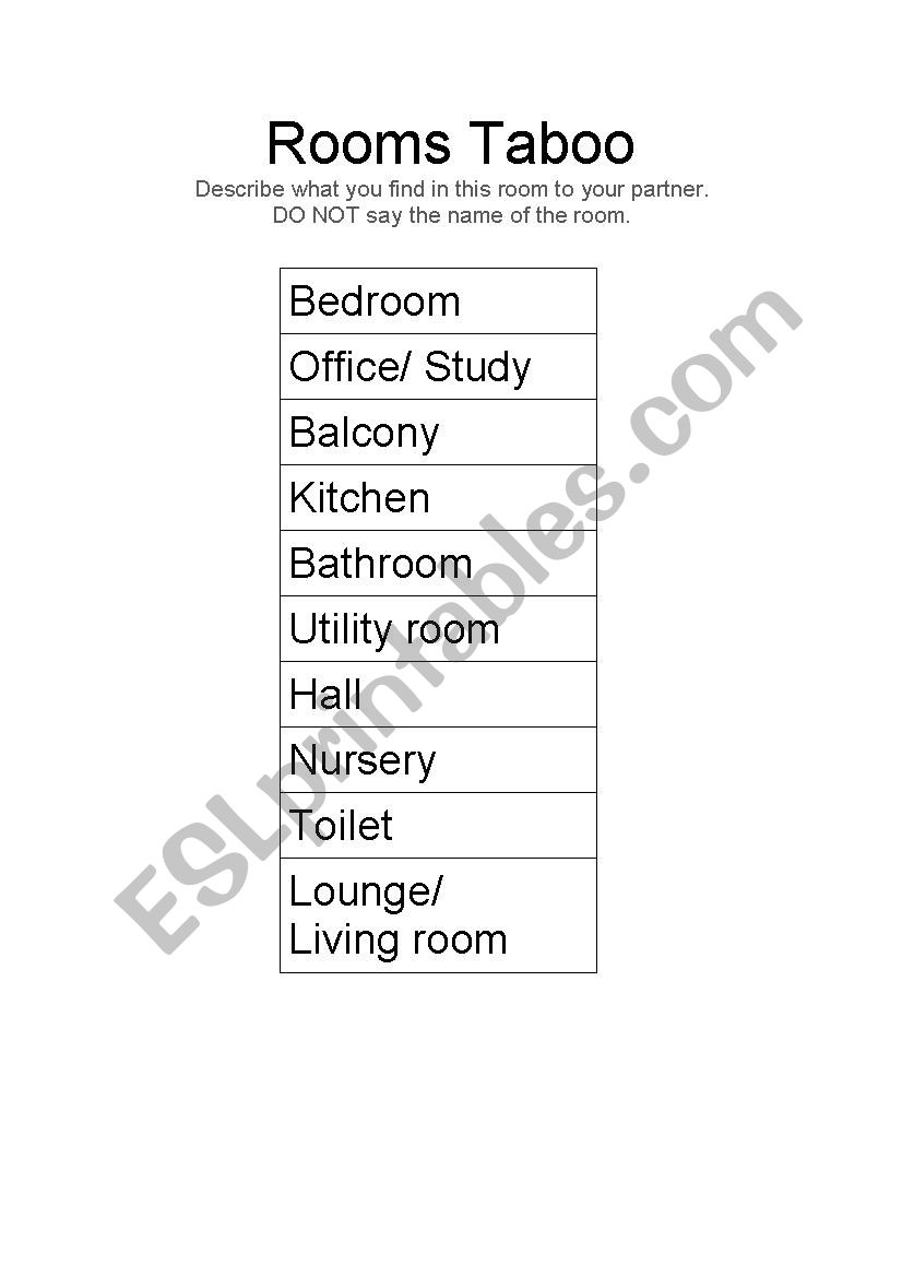 Rooms taboo game worksheet