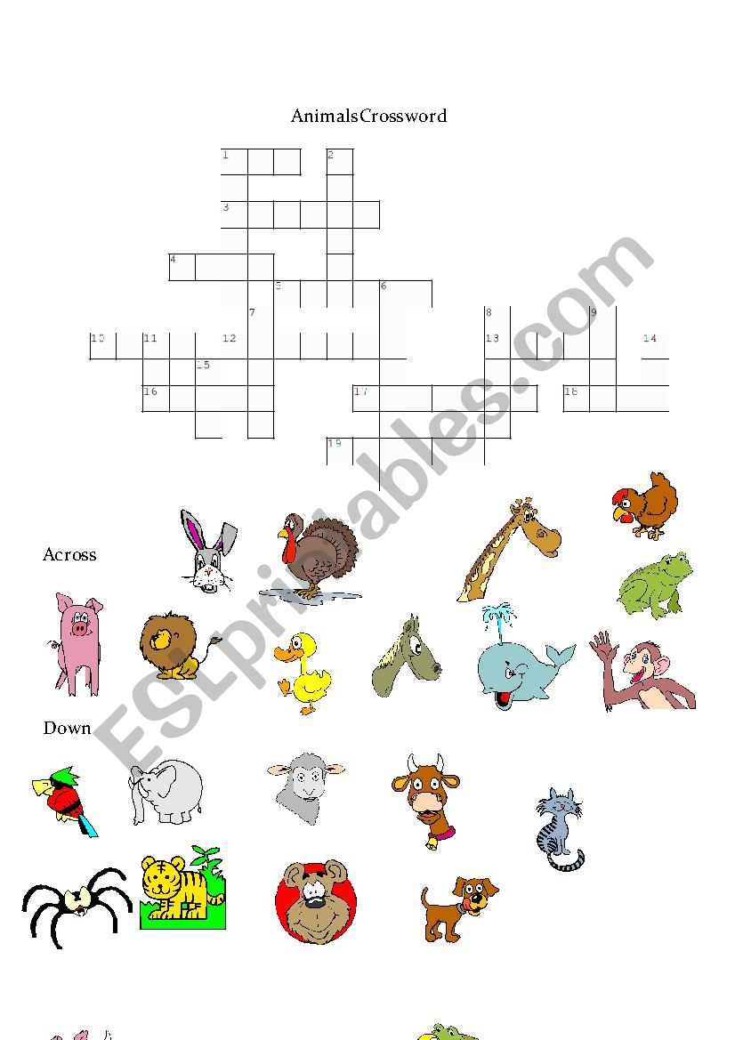 animals crossword worksheet