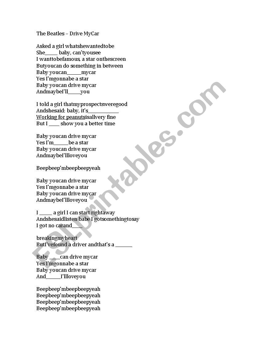 The Beatles Worksheet Drive My Car