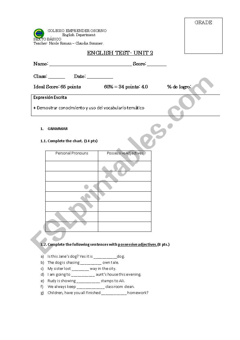 Test on Adjectives worksheet