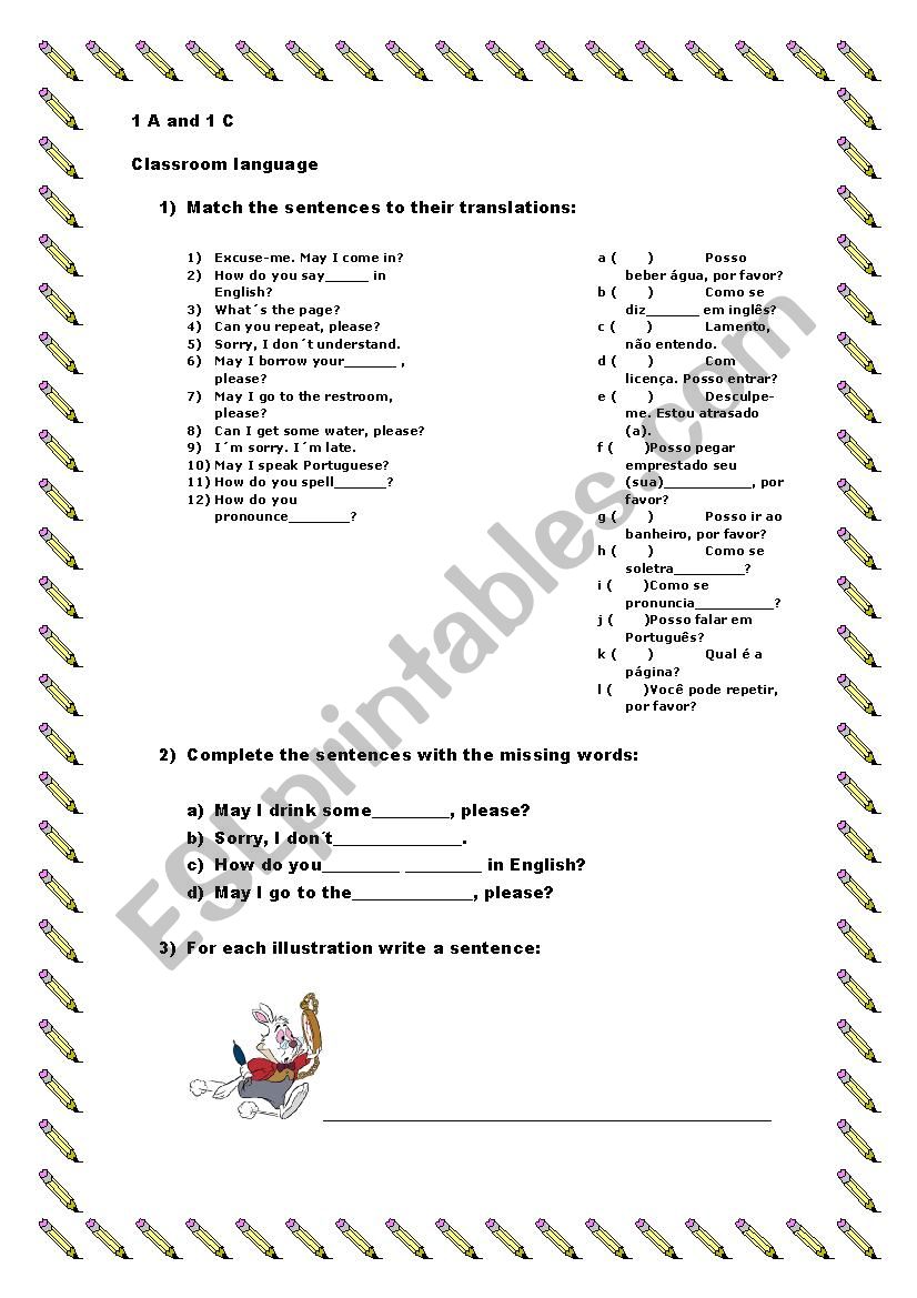 Classroom sentences worksheet