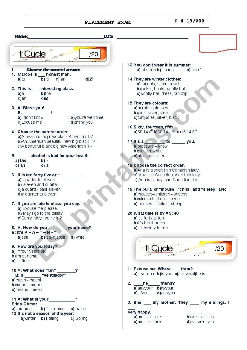 ELEMENTARY PLACEMENT TEST worksheet
