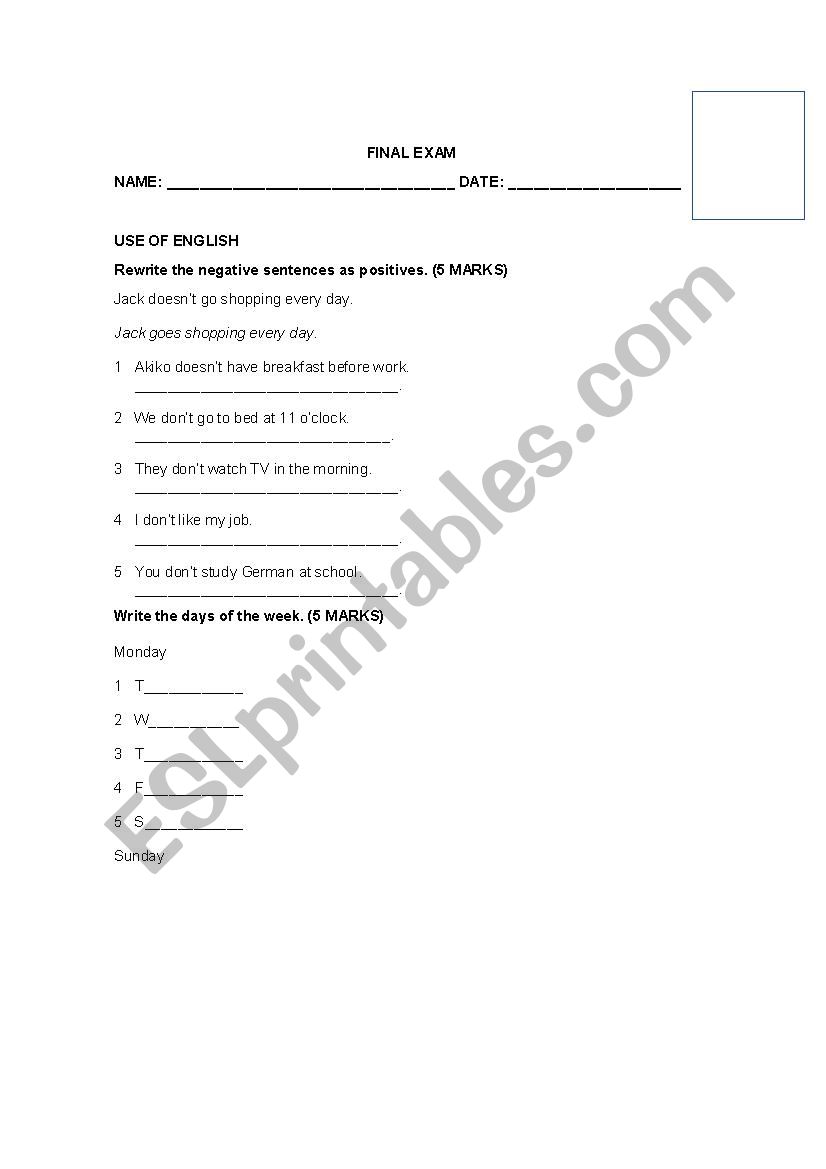 FINAL STARTER EXAM worksheet