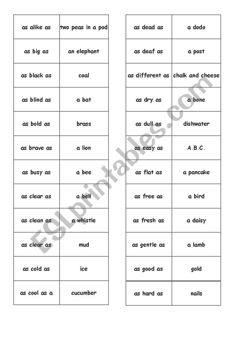 Similies match up cards worksheet