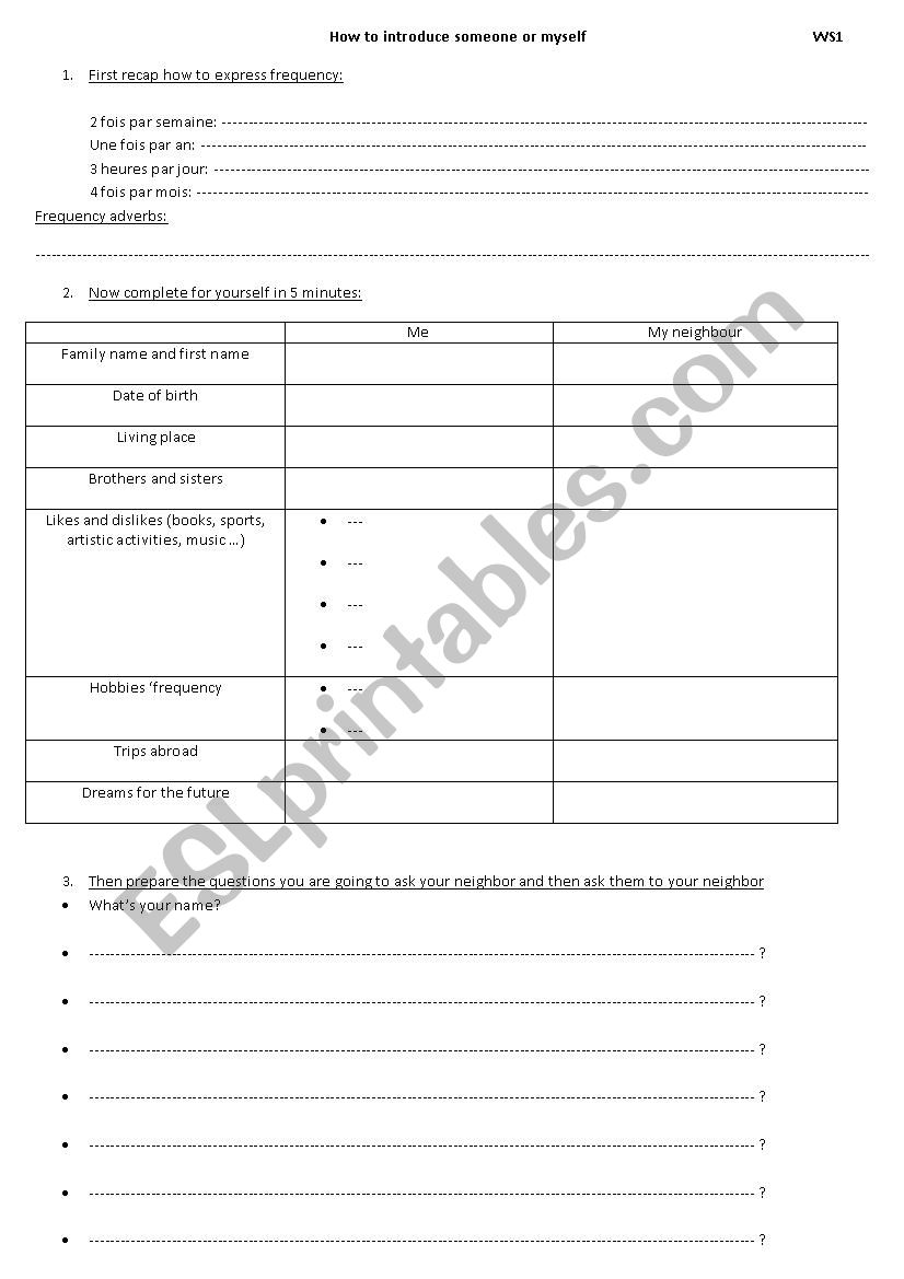 First day game:speed meeting worksheet