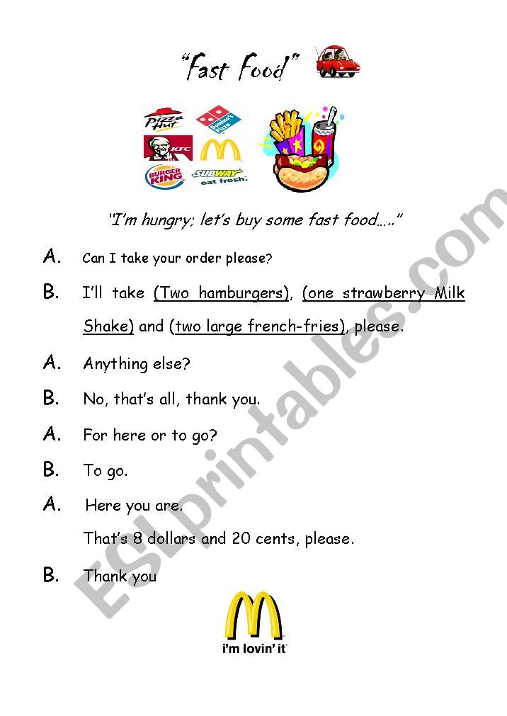 Ordering Fast Food worksheet