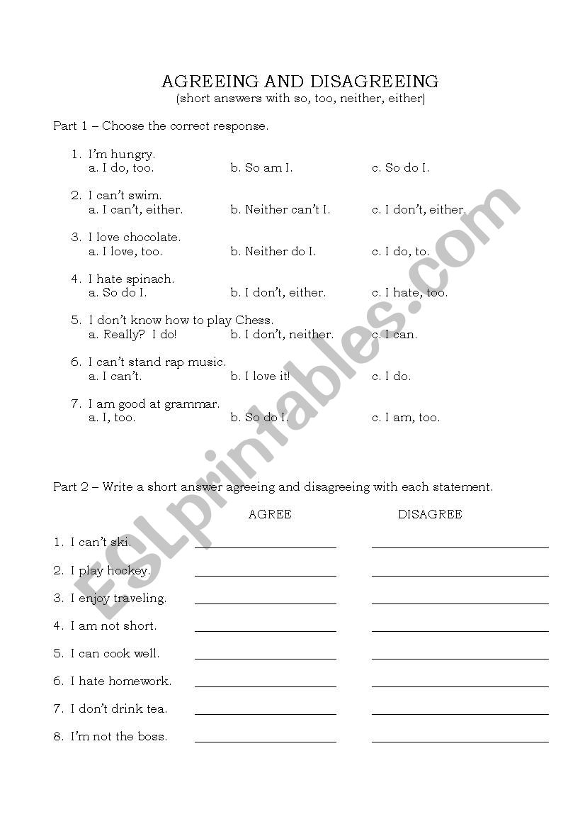 agreeing and disagreeing worksheet