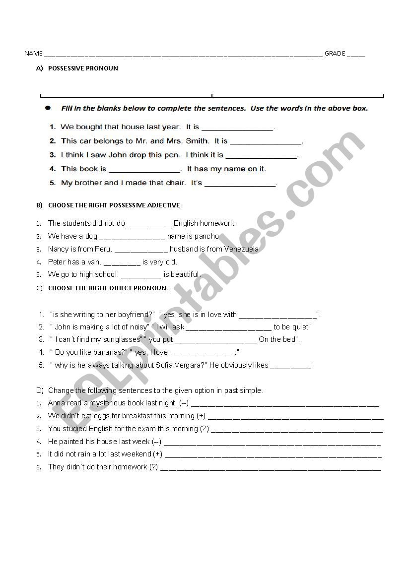 pronouns test worksheet