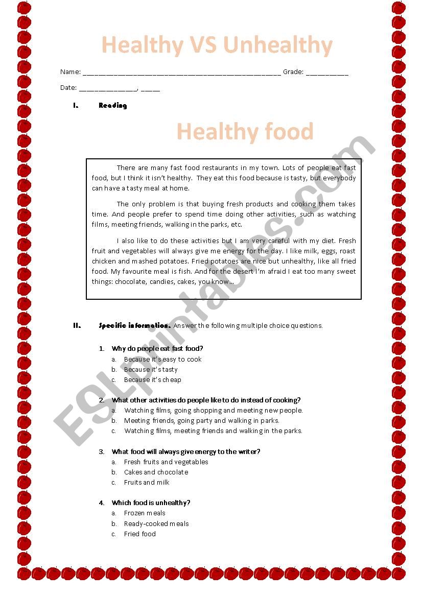 healthy food worksheet