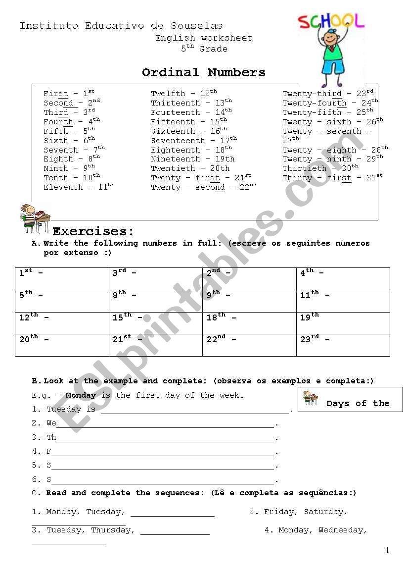 Ordinal numbers worksheet