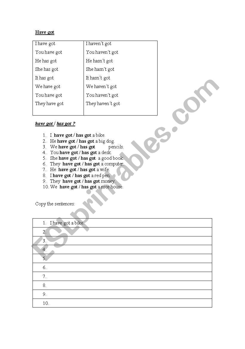 have got/has got worksheet