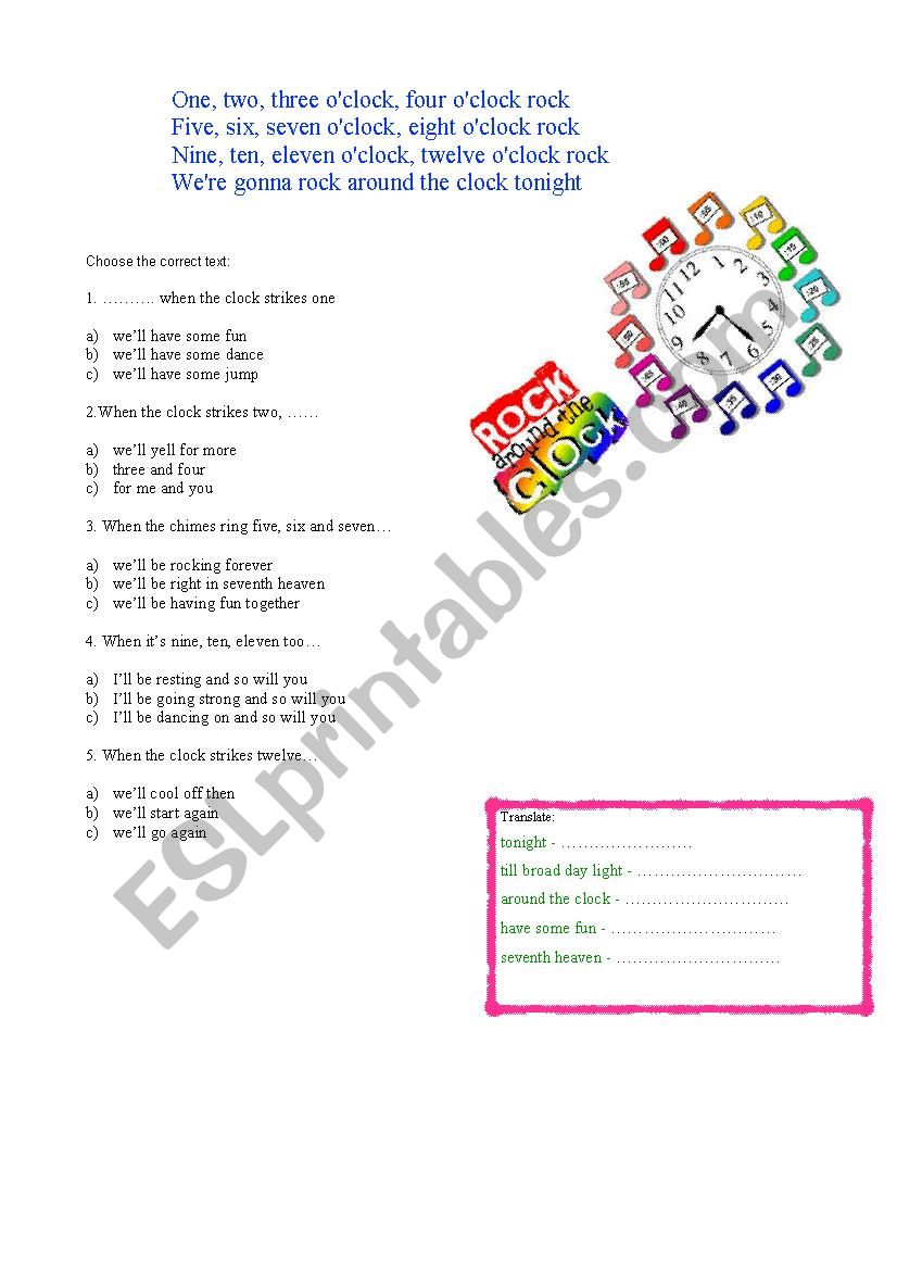 Rock around the clock worksheet