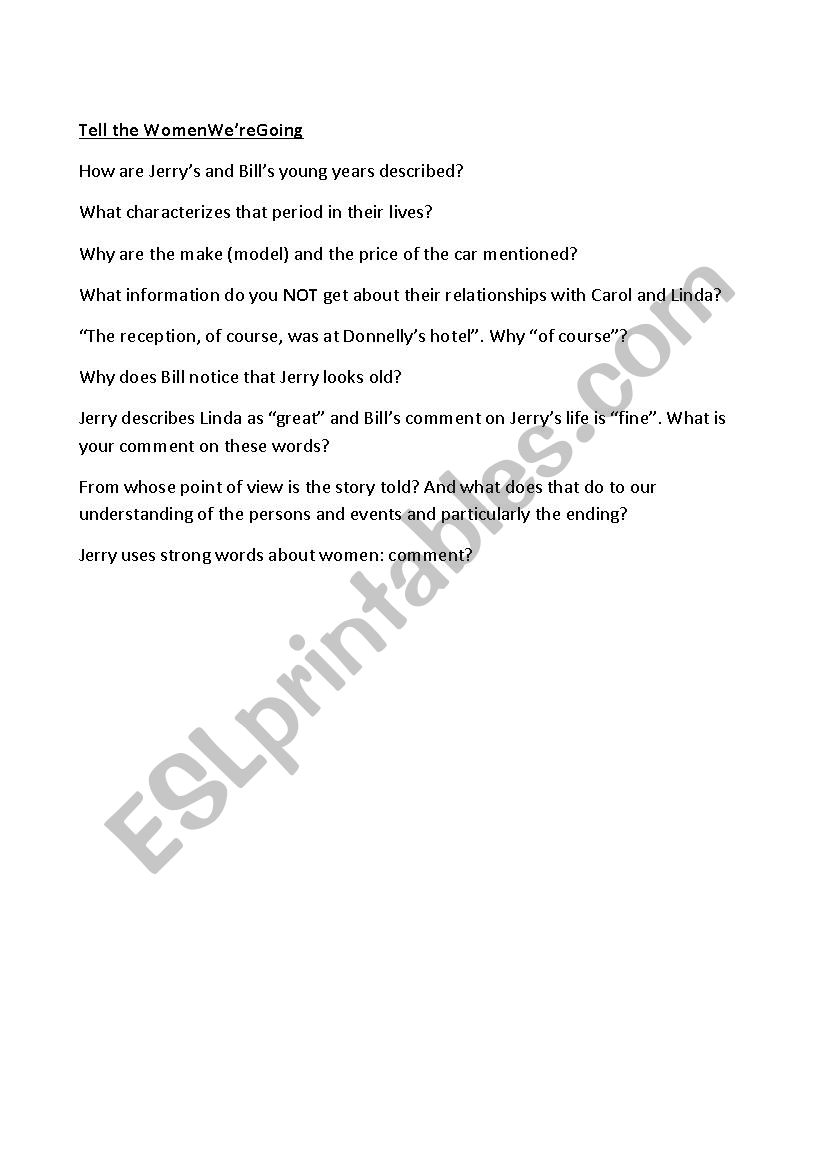 Raymond Carver, Tell the Women We´re Going worksheet Raymond Carver, Tell the Women We´re Going worksheet